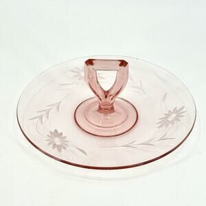 Antique Pink Elegant Center Handle Tidbit Snack Plate Tray Depression Glass